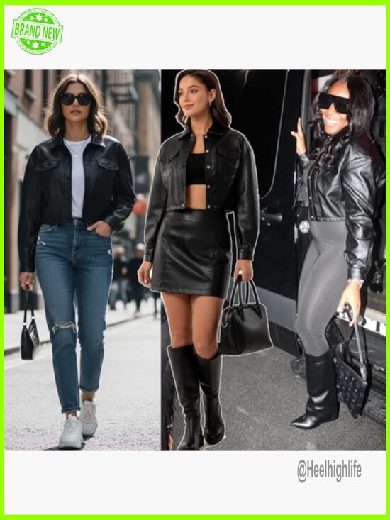 Faux Leather Cropped Moto Jacket, Long Sleeve Button Closure, Point Collar - Picture 3 of 7